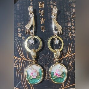 Monet’s Garden Enameled Pearl CZ Pendant Earrings